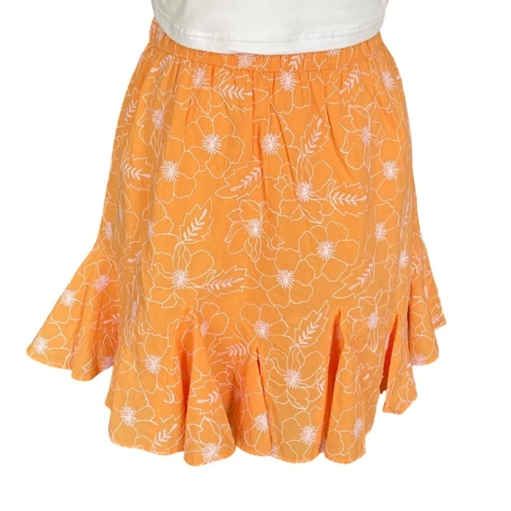 LOFT Garden Tangerine Orange and White Embroidered Godet Skirt Size Small